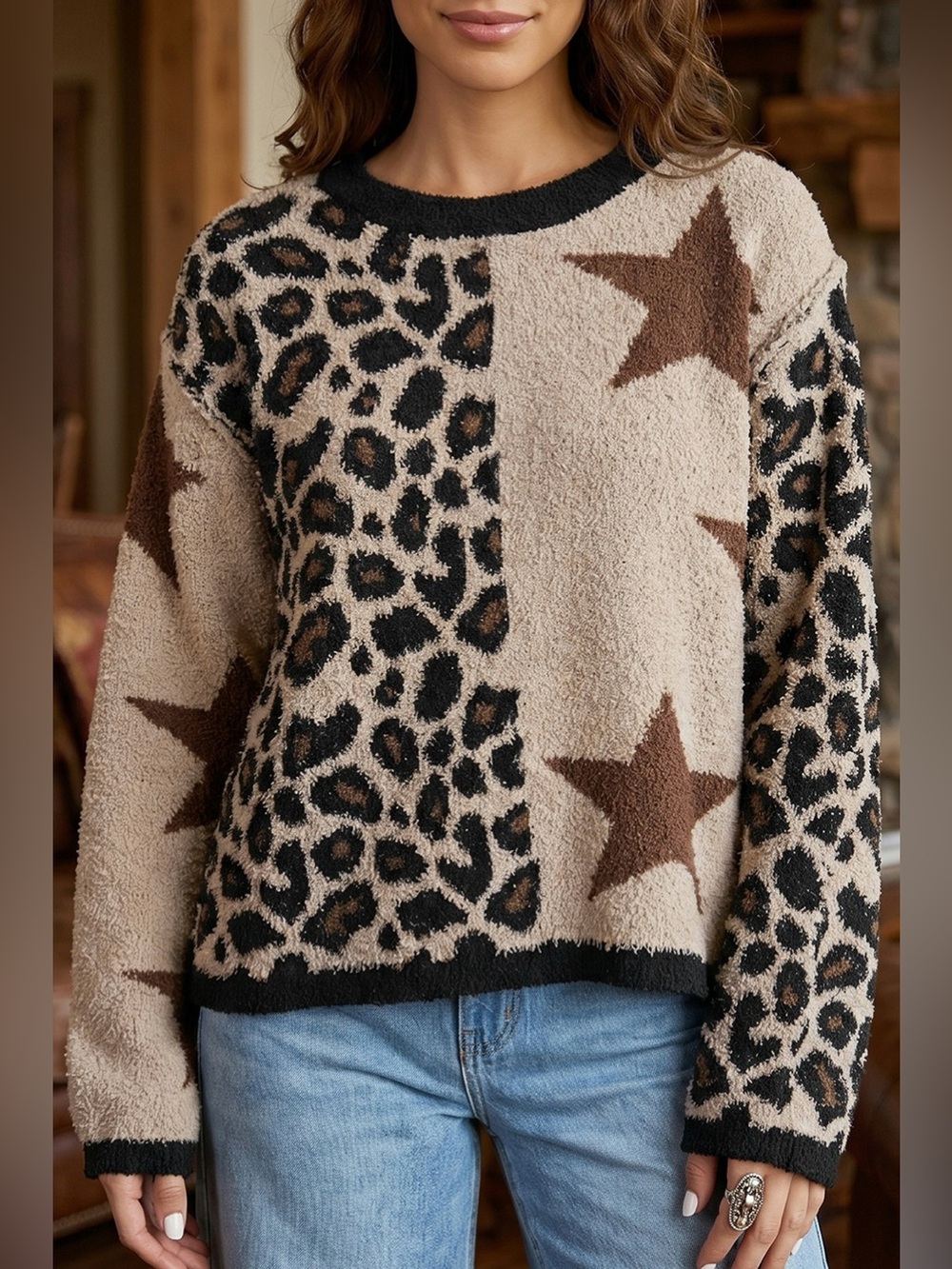 Leopard Star Pattern Round Neck Long Sleeve Shift Sweater - Picture 4 of 15